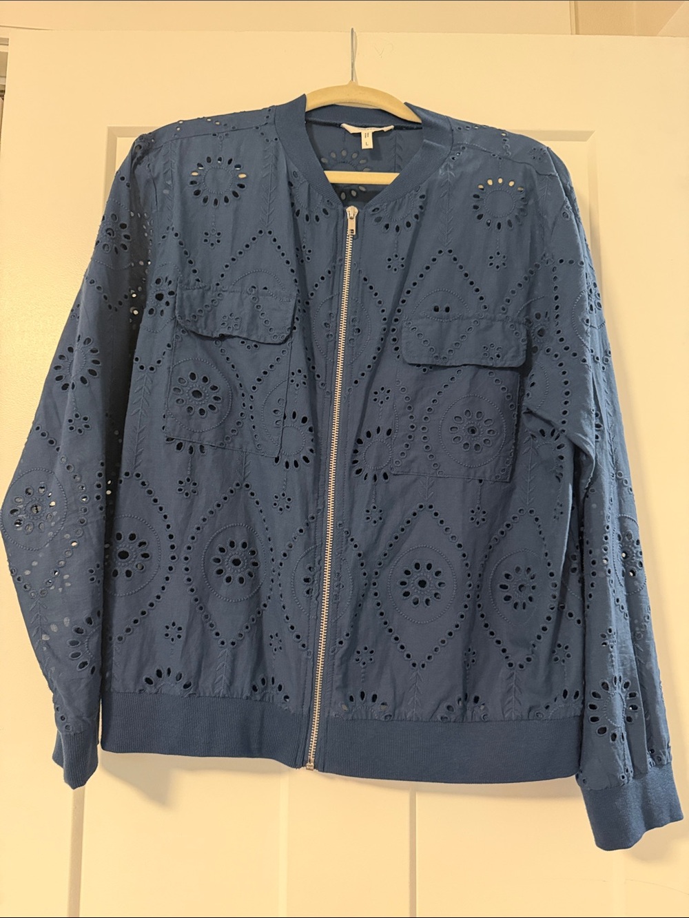 Maurices Blue Eyelet Zip Bomber Jacket